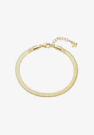 Goldfarbenes flaches Schlangenkettenarmband mit Karabinerverschluss und verstellbarer Verlängerungskette, die in einem kleinen goldenen Herzanhänger endet.