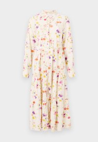 Rochie florală cu mâneci lungi, guler, față butonată și fustă în straturi. Materialul are un model floral pastelat pe un fundal crem.