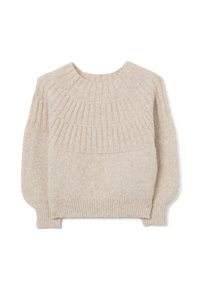 Beige gestrickter Pullover mit Rundhalsausschnitt, geripptem Muster an Schultern und Ärmeln sowie einer weichen Textur. Mit Rundärmeln und figurnaher Saum.