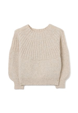 Pull en tricot beige avec un col rond, motif côtelé sur les épaules et les manches, et une texture douce. Manches à emmanchure classique et ourlet ajusté.