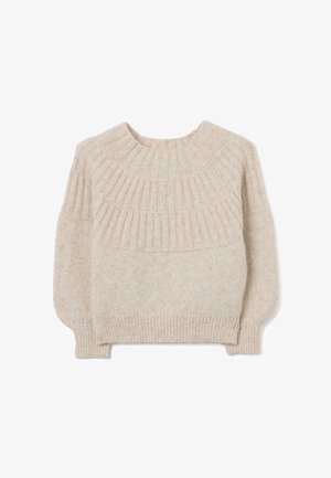 Maglione beige lavorato a maglia con scollo rotondo, motivo a coste su spalle e maniche, e una consistenza morbida. Maniche a giro e orlo aderente.
