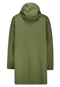 Olive green waterproof jacket featuring a hood, straight cut, and smooth texture. Simple design with no visible hardware or accents.