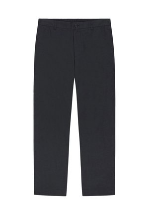 Black straight-leg trousers with button and zipper closure, belt loops, and a flat front design.