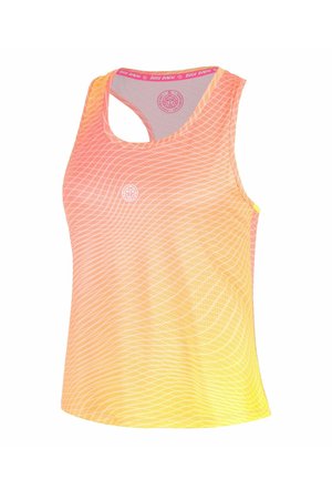 Mouwloos sporttopje met een kleurverloop van oranje naar geel en een wit golvend rasterpatroon, met een klein rond logo op de borst.