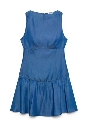 Ärmelloses, knielanges blaues Kleid mit rundem Ausschnitt, tailliert und einem ausgestellten, gerafften Rockteil.