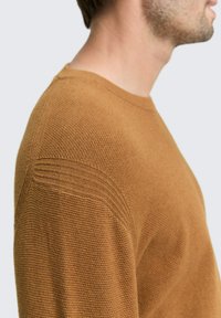 Suéter de punto marrón con cuello redondo, detalles en los hombros con canalé, tejido texturizado y una silueta ajustada, mostrado de lado.