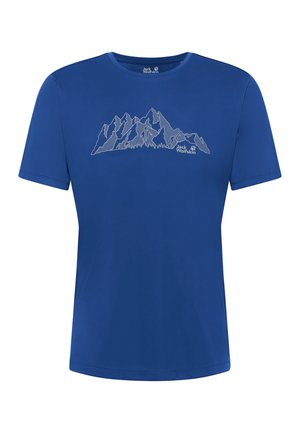 Maglietta a maniche corte blu con una catena montuosa delineata in bianco e il logo "Jack Wolfskin" sul petto.