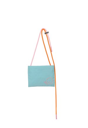 Light blue rectangular crossbody bag with a pink smiley face embroidery and adjustable pink and orange straps with a silver buckle.