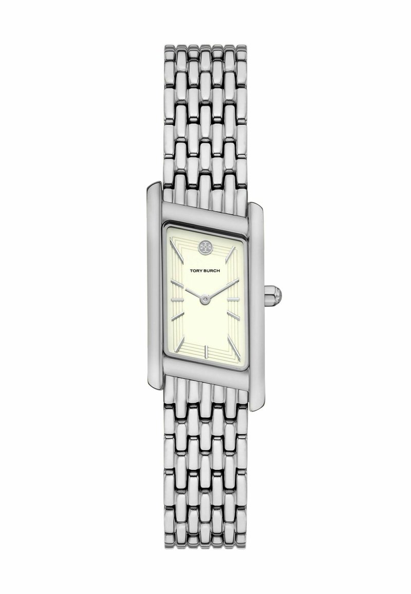 Srebrny zegarek ze stali nierdzewnej z prostokątną tarczą, jasnożółtym cyferblatem oraz wypukłymi znacznikami godzin. Bransoleta w stylu siatki, prosta korona.