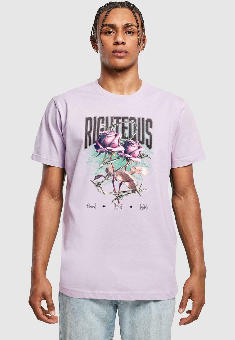 Light purple cotton t-shirt featuring graphic of roses with barbed wire, and bold "RIGHTEOUS" text above; short sleeves, crew neckline.