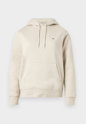 Cream-colored hoodie made of soft cotton. Features a kangaroo pocket, drawstring hood, and small logo on the chest. Ribbed cuffs and hem.