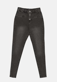 Jeans de mezclilla negra de cintura alta con un diseño ajustado, cierre de cinco botones y dos bolsillos frontales con una sutil textura desvanecida.