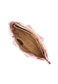 Pink leather handbag with a smooth texture, featuring gold-tone hardware, multiple compartments, and a logo pattern lining.