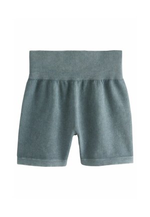 Pantaloni scurți din țesătură ribbed, într-o nuanță de albastru-verde estompat. Prezintă un talie elastică largă și o lungime până la mijlocul coapsei. Textură moale, cu un design casual.