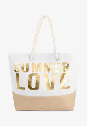 Leinwand-Tragetasche mit weißem Körper, goldenem "SUMMER LOVE"-Text und beigem Boden. Verfügt über stabile beige Seilgriffe und eine glatte Textur.