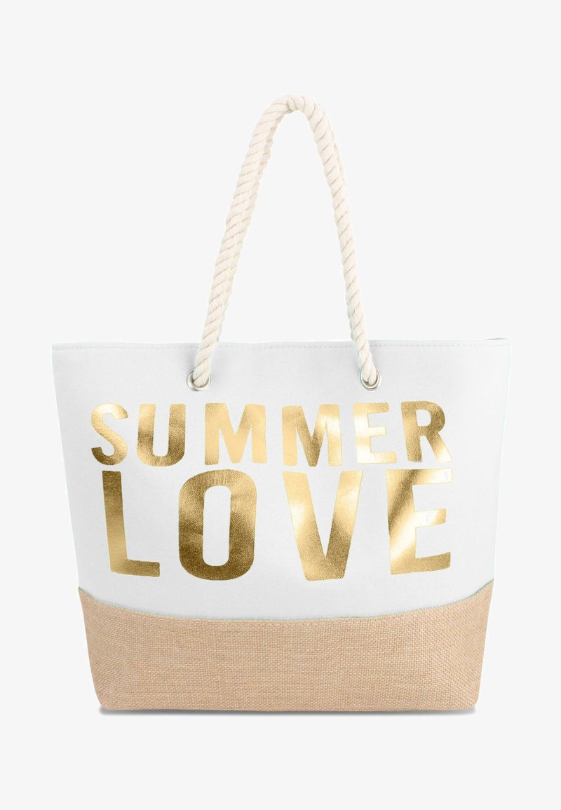 Leinwand-Tragetasche mit weißem Körper, goldenem "SUMMER LOVE"-Text und beigem Boden. Verfügt über stabile beige Seilgriffe und eine glatte Textur.