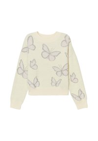 Strikket cremesweater med rund hals, prydet med et mønster af grå sommerfugle i forskellige størrelser på fronten og ærmerne.