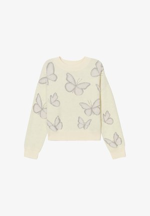 Strickpullover in Creme mit Rundhalsausschnitt, der ein Muster von grauen Schmetterlingen in verschiedenen Größen auf der Vorderseite und den Ärmeln präsentiert.