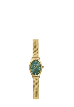 Goldene Mesh-Armbanduhr mit ovalem grünem Zifferblatt, goldenen Stundenmarkierungen und drei goldenen Zeigern, die 12:20 anzeigen.