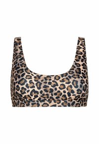 Leopardo rašto liemenėlė su platesnėmis petnešomis, minkšta tekstūra ir prigludusia forma. Yra kreminės spalvos pagrindas su tamsiai ruda ir juoda dėmėmis.