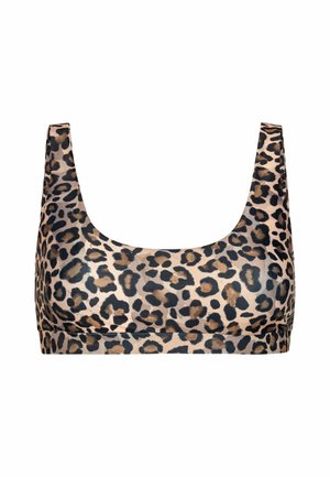 Bralet s uzorkom leoparda, širokim trakama, meke teksture i prilagođenim dizajnom. Ima kremastu podlogu s tamnosmešnim i crnim mrljama.