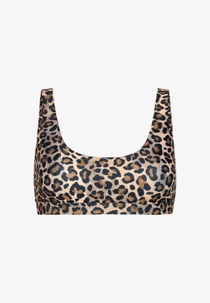 Bralette z leopardjim vzorom s širokimi naramnici, mehkobo in prilegajočo zasnovo. Značilnosti vključujejo smetano osnovo ter temno rjave in črne pike.