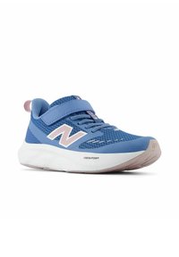 Blue athletic shoes with mesh upper, padded collar, and Velcro strap. White midsole with "FRESH FOAM" text and light pink outsole accents.
