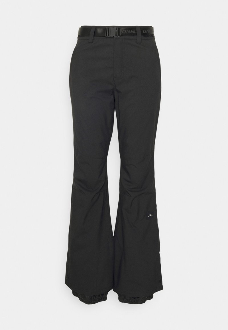 Schwarze Schneehosen mit einem ausgestellten Design, ausgestattet mit einem schwarzen Gürtel, elastischen Bündchen und einem kleinen Logo am Unterschenkel. Hergestellt aus wasserdichtem Material.