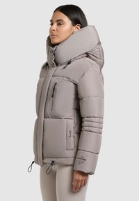 Giacca puffer grigia chiara con un ampio cappuccio, sezioni a righe verticali, chiusura frontale con zip e tasche con zip, oltre a un orlo regolabile con cordino.