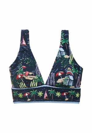 Mørkeblå bikini top med tropisk strandprint med palmer, sol, parasoller, sejlbåde og liggestole i levende farver.