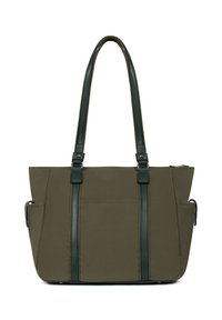 Olijfgroene tote bag van stof met leren accenten. Voorzien van twee stevige handvatten en een ritsluiting, met een voorvak.