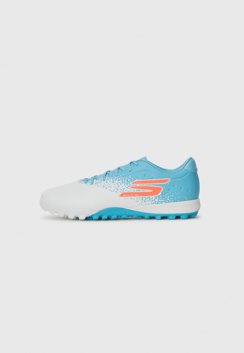 Light blue soccer cleat with a white toe, featuring a gradient pattern and orange logo. Textured upper and molded rubber outsole with studs.