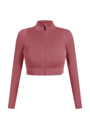 Top corto a zip rigato in rosa polveroso, con maniche lunghe e colletto alto. Realizzato in tessuto elasticizzato per un look aderente.
