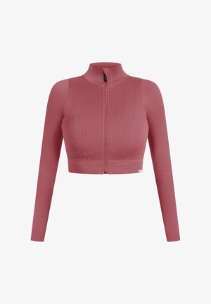 Geribbelde cropped rits-top in stofroze, met lange mouwen en een staande kraag. Gemaakt van rekbare stof voor een aansluitende look.