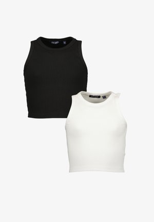 Deux tops courts sans manches côtelés en noir et blanc, posés à plat avec des encolures arrondies et des étiquettes de la marque Blue Seven.