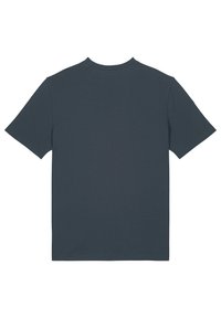 Donkergrijs t-shirt met korte mouwen en een ronde hals. Gladde textuur, geen patronen, en een eenvoudig ontwerp. Achteraanzicht weergegeven.