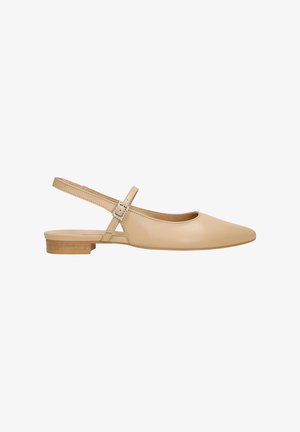 Beige leather slingback shoe with a rounded toe, flat wooden heel, and an adjustable strap with a metallic buckle accent.
