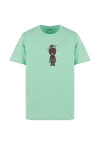 Mintgrünes Baumwoll-T-Shirt mit kurzen Ärmeln, das in der Mitte eine Grafik eines Cartoon-Charakters mit Bandana und lässiger Kleidung zeigt.