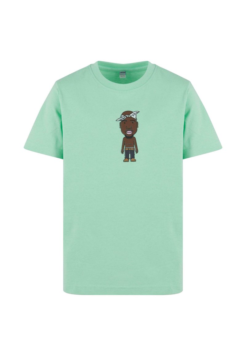 Mintgrünes Baumwoll-T-Shirt mit kurzen Ärmeln, das in der Mitte eine Grafik eines Cartoon-Charakters mit Bandana und lässiger Kleidung zeigt.