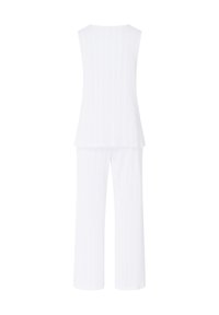 Set bianco in due pezzi composto da un top senza maniche con una vestibilità ampia e pantaloni a gamba larga. Realizzato in tessuto morbido e leggero con righe verticali.