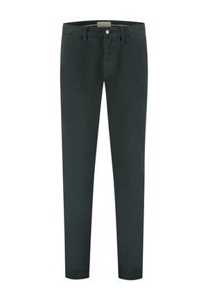Donkergrijze katoenen broek met een rechte pasvorm, een knoopsluiting en riemlussen. Voorzien van zij- en achterzakken voor functionaliteit.