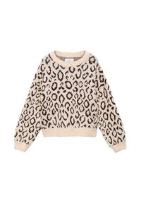 Pulover v leopardjem printu v bež in rjavi barvi, pletena tekstura, okroglo izrezan vrat, dolgi rokavi, rebrast rob, z raznolikimi ovalnimi oblikami.