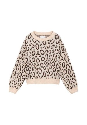 Pull en imprimé léopard beige et marron, texture tricotée, col rond, manches longues, ourlet côtelé, présentant des formes ovales variées.