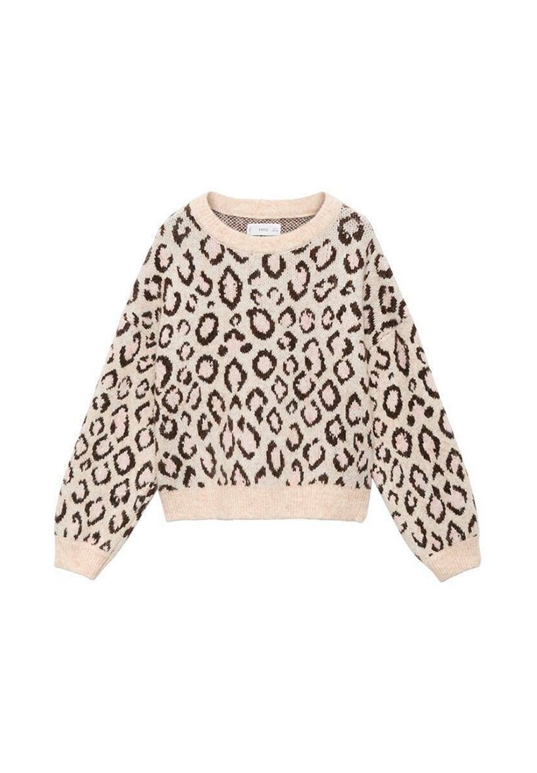 Pulover v leopardjem printu v bež in rjavi barvi, pletena tekstura, okroglo izrezan vrat, dolgi rokavi, rebrast rob, z raznolikimi ovalnimi oblikami.