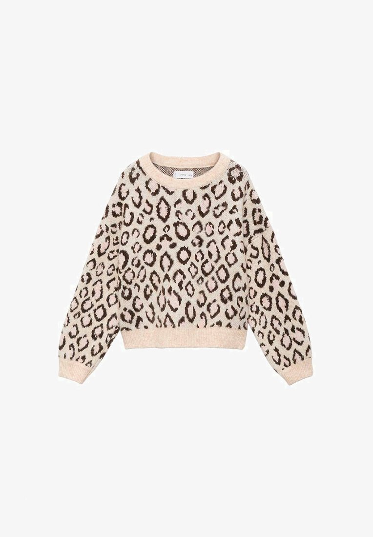 Pulover v leopardjem printu v bež in rjavi barvi, pletena tekstura, okroglo izrezan vrat, dolgi rokavi, rebrast rob, z raznolikimi ovalnimi oblikami.