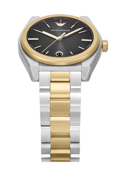 Silberner und goldfarbener Metallarmbanduhr mit einem achteckigen Gehäuse, schwarzem strukturiertem Zifferblatt, goldenen Akzenten und einer Datumsanzeige bei 6 Uhr.