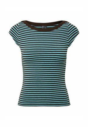 Chemise ajustée à manches courtes avec des rayures horizontales noires et bleu sarcelle et un col arrondi.