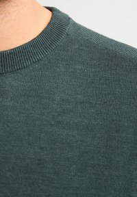 Donkergroene gebreide trui met een geribbelde halslijn, gekenmerkt door een gladde textuur en een aansluitend ontwerp, wat warmte en comfort benadrukt.