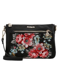 Czarna torebka z kwiatowym haftem w kolorach czerwonym, różowym i niebieskim. Posiada przednią kieszeń na zamek oraz odpinany pasek na ramię.