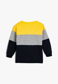 Suéter de manga larga bloqueado en amarillo, gris y negro, con puños y dobladillo acanalados, mostrado desde la parte trasera sobre un fondo blanco.